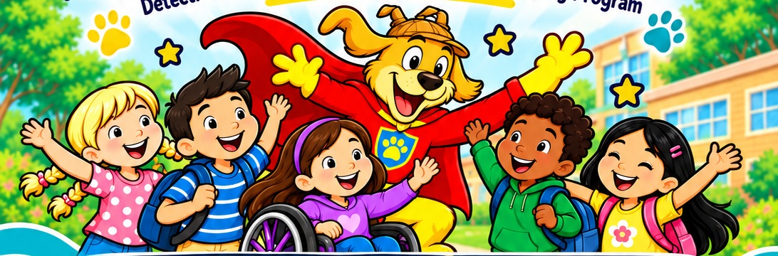 Superhero Detective Sam with a diverse group of smiling children, including a girl using a wheelchair